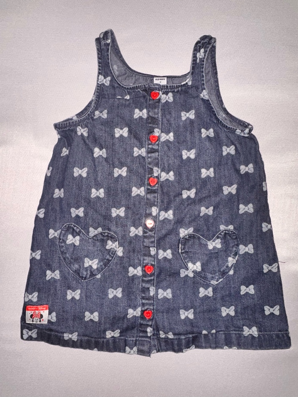 Old Navy x Disney Minnie Mouse Denim Bow Print Dress with Heart Pockets